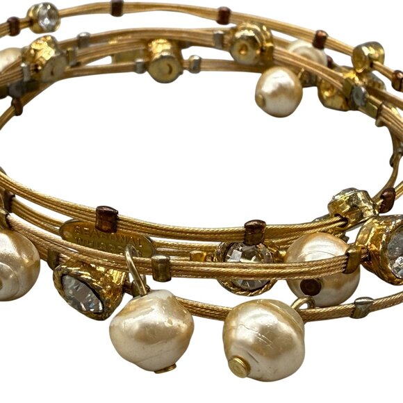 Seasonal Whispers Faux Pearl Beaded Clear Crystals Bangle Bracelet - Picture 4 of 6